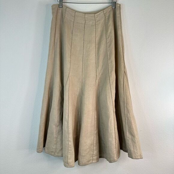 J. Jill Linen Blend Khaki Metallic Pleated Midi Skirt Womens 8P Western Cottage - Picture 1 of 10